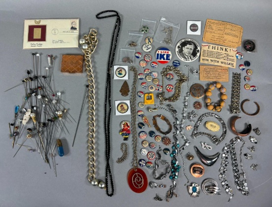 Group Lot Costume Jewelry, Political Buttons and More