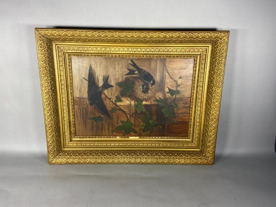 Antique Oil on Board Painting Birds and Nest