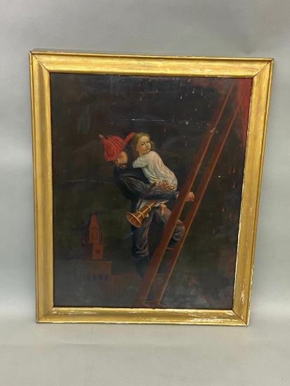 Unusual Antique Oil on Board Painting Fireman Saving Child 19th c.