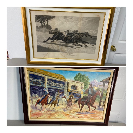 Jockey's Horse Racing Antique Print + Western Shootout Painting
