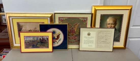 Group Lot of Framed Prints, Military, Eisenhower Portrait, Discharge