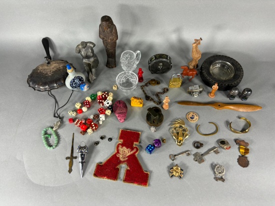 Group Lot of Antique & Collectible Items Egyptian, Ashtray, Jade, Dice etc