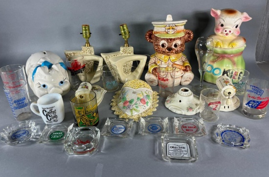 Group Lot of Advertising Ashtrays, Cookie Jar, Bank, Retro Lamps and More