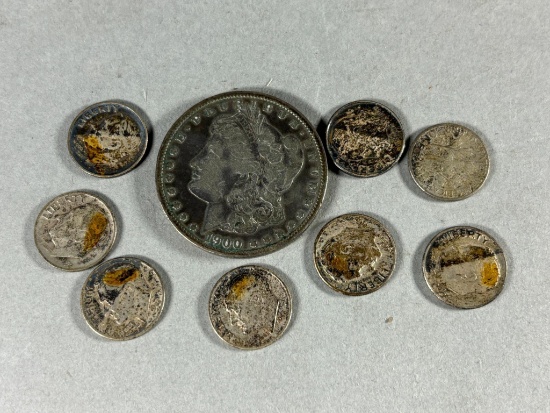 Group Lot of US Silver Coins Morgan Dollar, 8 Silver Dimes
