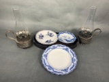 Tin Candle Holders, Cobalt Blue Plates and Wooden Tray