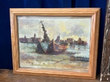 Antique Coastal Scene Oil on Canvas Painting