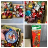 Group of Vintage Christmas Ornaments and 32 inch Fiber Optic Tree