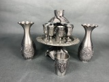 Pewter Plated Kiddush Wine Fountain with 8 Small Cups & 2 Carafes
