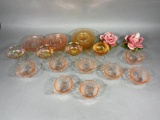 Lot of Vintage Depression Glassware and 2 Flower Candles