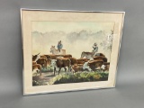 Vintage Framed Watercolor Painting Cowboys, Cattle