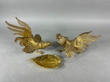 3 Vintage Brass Pieces including 2 Chickens and 1 Leaf Ashtray