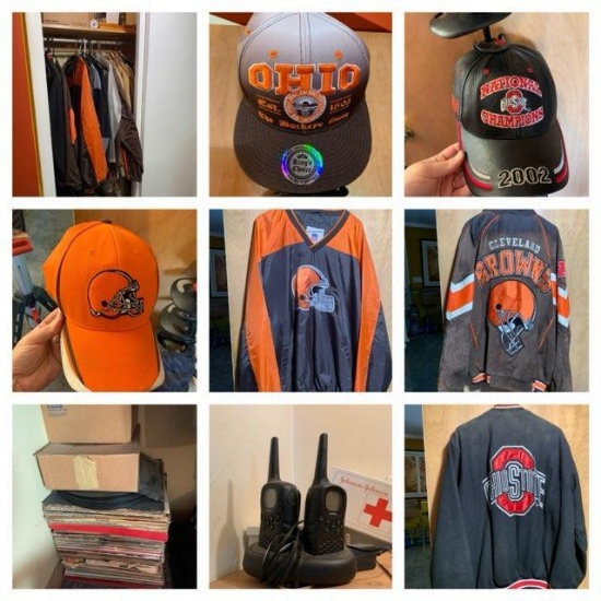 Hall Closet Contents - Cleveland Browns and OSU Hats & Coats, Cassette Tapes, Records & More