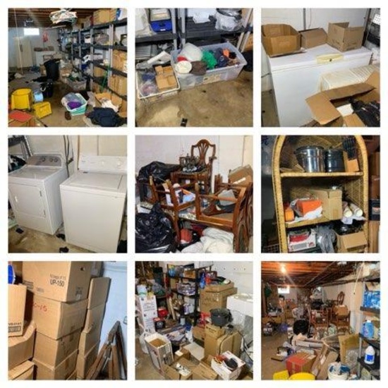 Basement Area Lot - Kitchen Items, Large Group of Adult Diapers and Pads, Washer, Gas Dryer,
