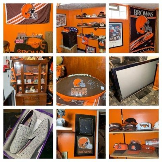 Basement Area Contents - Large Group of Cleveland Brown Memorabilia, TV,