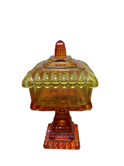 Vintage Amberina Red, Yellow, Orange Covered Candy Dish