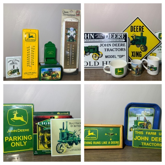 John Deere Signs, Lights, Match Holder, Tin & Thermometer