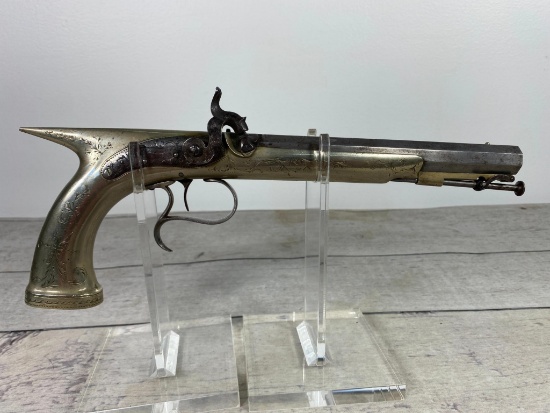 Rare Saw Handle English Percussion Metal Bodied Pistol William Chance & Son Engraved