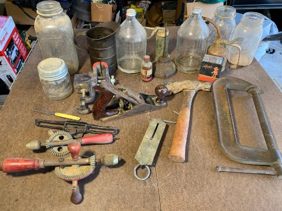 Group of Vintage Tools & Items - Hatchet, Vintage Canning Jars, Spring Scale, Hand Plane, Hand Drill