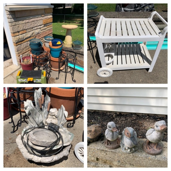 Garden Cart, Fountain, Planters, Bird Bath & More