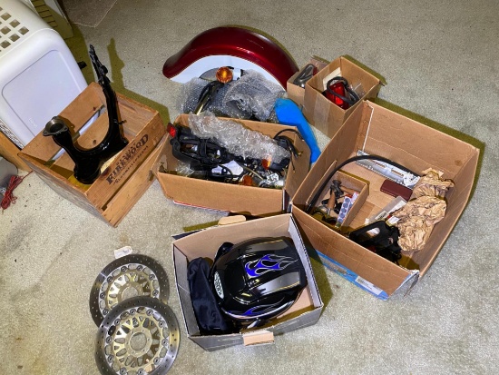 Group Lot of Motorcycle Parts, helmet in box