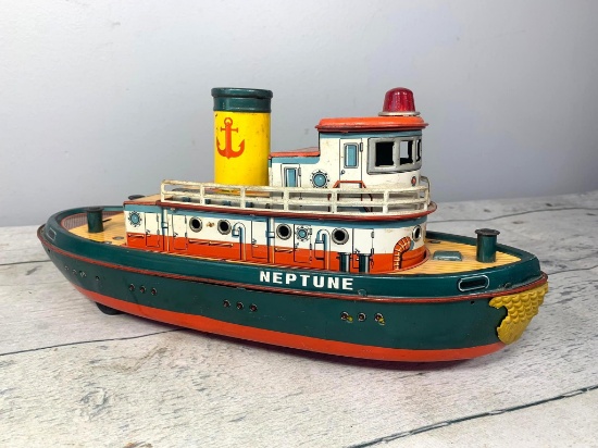 Vintage Modern Toys Neptune Tin Lithograph Tug Boat