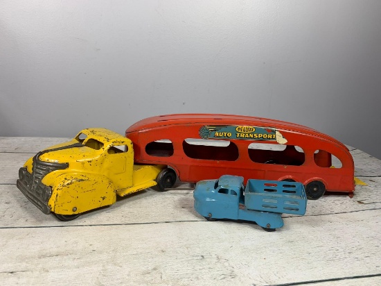 Vintage MARX Pressed Steel Car Hauler Truck with Vintage Wyandotte Stake Dump Truck