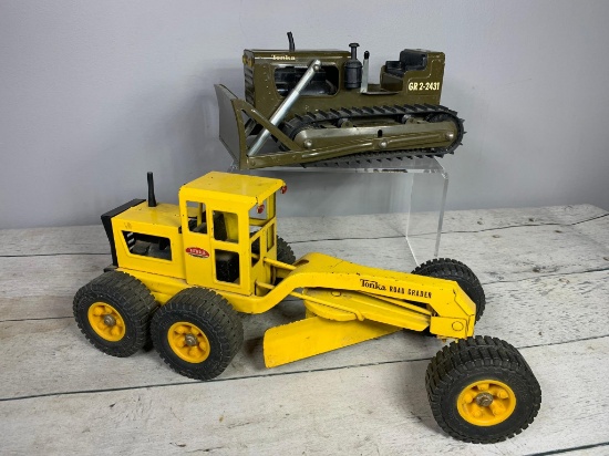 Vintage Pair of Tonka Toy Construction Vehicles: US Army Bulldozer and Yellow Road Grader