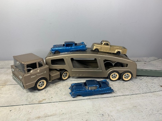 Vintage Structo Toys Vehicle Transport Truck with Cars and Truck