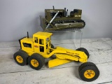 Vintage Pair of Tonka Toy Construction Vehicles: US Army Bulldozer and Yellow Road Grader