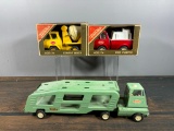Group of Three Tonka Trucks: Car Carrier Semi, Fire Pumper and Concrete Mixer