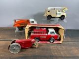 Four Vintage Toy Vehicles: Tonka Cherry Picker, Nylint Pumper, Structo Tow Truck, Road Paver Roller