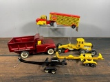 Group of Vintage Toy Trucks and Trailers: Structo Dump, Marx Cattle Hauler, Hubley Road Grader