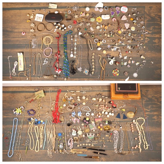 Large Lot costume jewelry + Antique Fountain Pens w/14k gold nibs