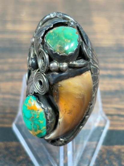 Huge Vintage Native American Sterling Silver, Turquoise, Bear Claw Ring