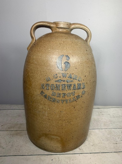 Large H. C. Ward's Stoneware Depot Double Handle Six Gallon Stoneware Jug
