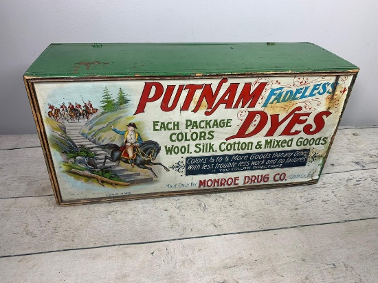 Vintage Wood Putnam Dyes Box with Tin Label
