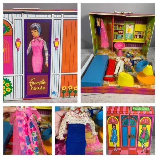 Vintage 1965 Francie House and Francie and Casey Studio House Cases With Clothing and Accessories