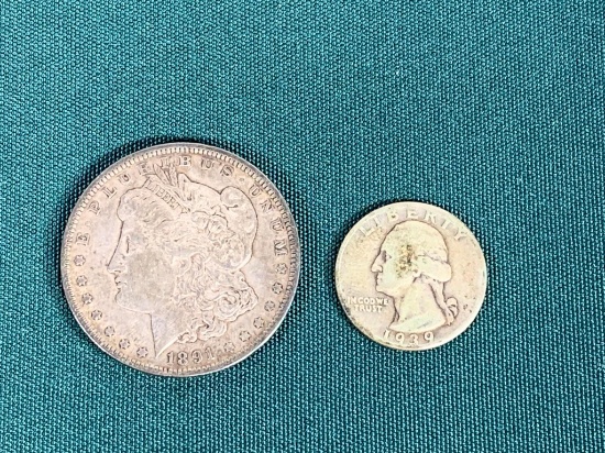 1891 Morgan Silver Dollar Coin + 1939 silver quarter