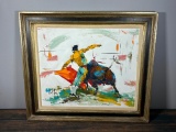 Vintage Signed Oil on Canvas Mid Century Painting of a Bull and Matador