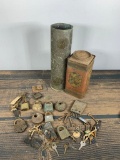 Group Lot of Vintage Padlocks, Keys, Tin and Artillery Shell