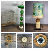 Group Lot of Mid Century Modern Clocks, Lamps, Magazine Rack and Ashtray Stand