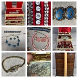 Vintage Jewelry Box Full of Vintage Jewelry and a Wood Jewelry Cabinet