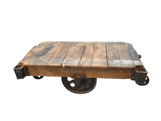 Antique Wood and Steel Wheel Factory Cart
