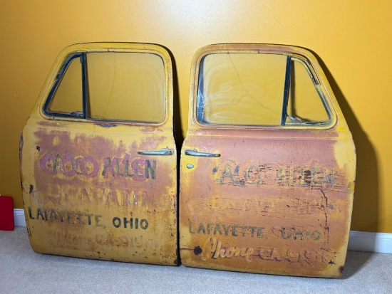 Pair of Old Pickup Truck Doors With Several Layers of Hand Painted Advertising On Them