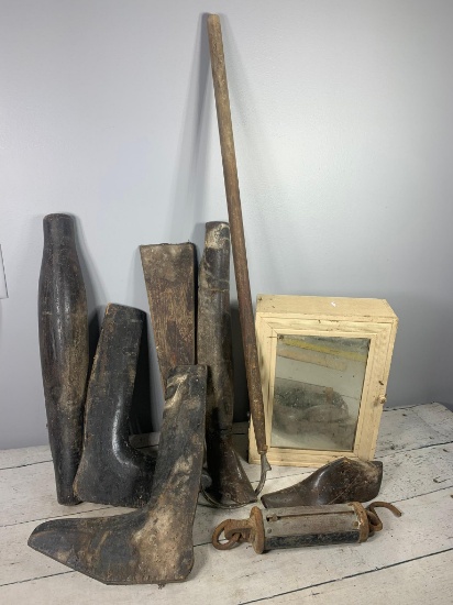 A Group of Antique Wood Boot and Shoe Forms, Mirrored Wood Cabinet and a Scale