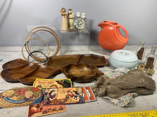 Group Lot of Vintage Items Including Fiesta Ware Pitcher, Mercury Glass Curtain Tie Back, and More