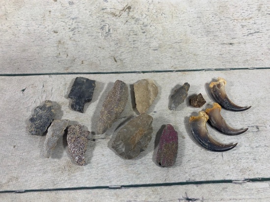 Group of Cut Flint Rock and a Few Animal Claws