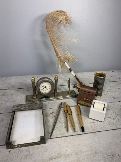 Group of Antique Desk Items Including Pens, Letter Opener, Pen Holders, Clock, Paper Holder and More