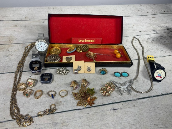 Group of Vintage Watches and Jewelry With 3 Pins and 1 Set Earrings Sterling