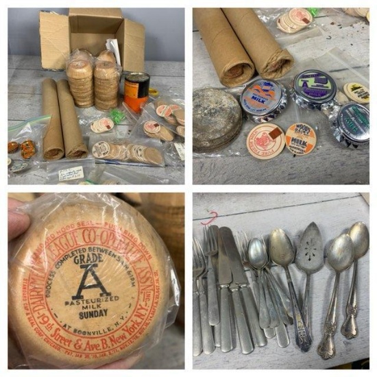 Group of Vintage Milk Bottle Tops, Bottle Caps, Flatware, Jewelry and More